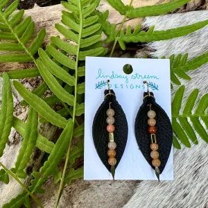 Leather Petal Earrings - Black with Red Aventurine