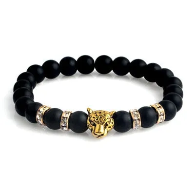 Leopard Charm Matte Black Onyx Beads Bracelets