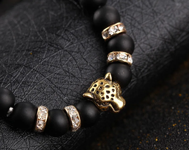 Leopard Charm Matte Black Onyx Beads Bracelets