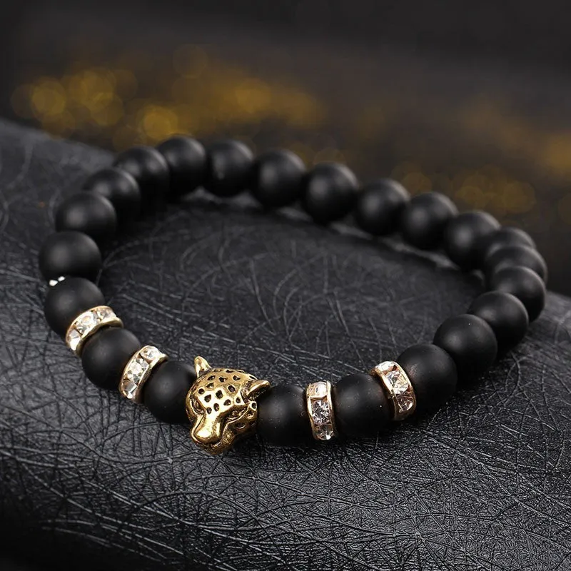 Leopard Charm Matte Black Onyx Beads Bracelets