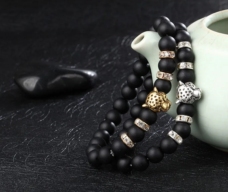 Leopard Charm Matte Black Onyx Beads Bracelets