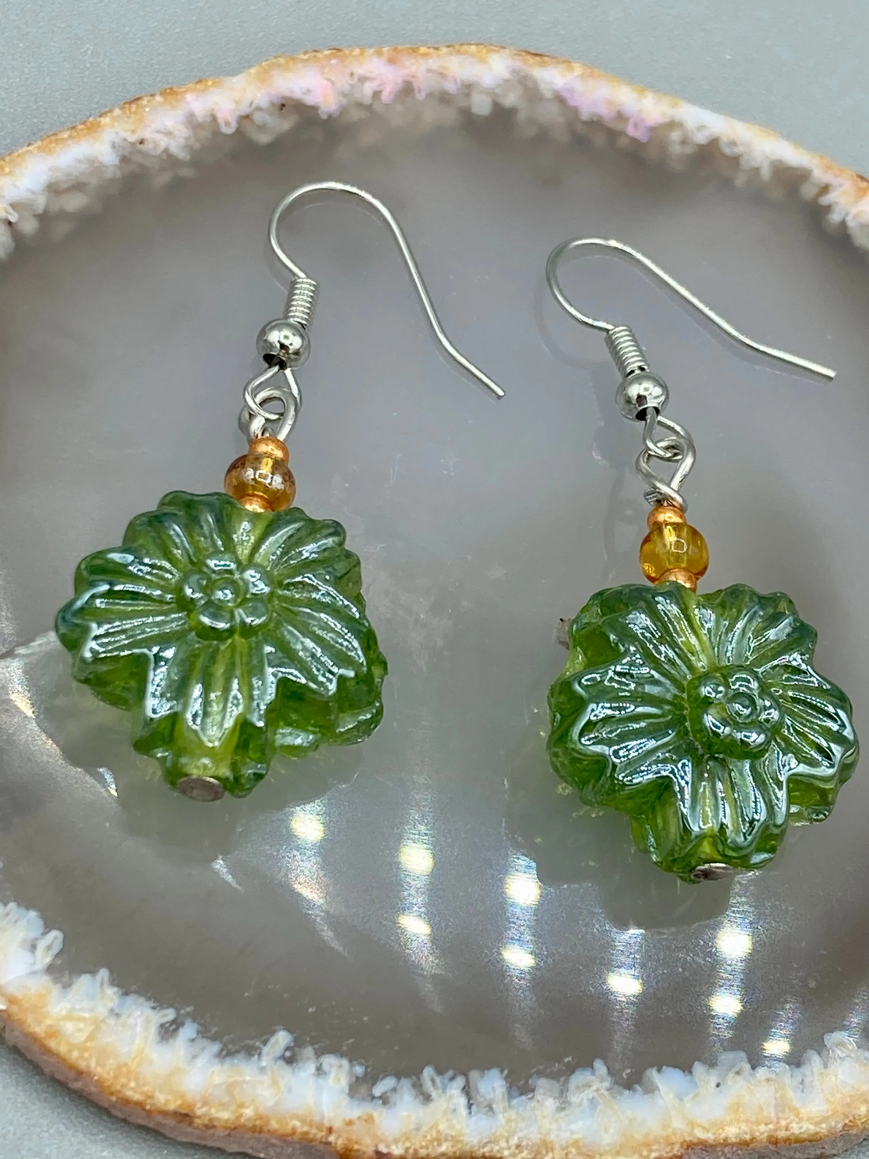 Light Green Floral Pressed Glass Beaded Earrings, Hippie Vibe, Shabby Chic, Boho Chic, Nature Inspired, Bohemian