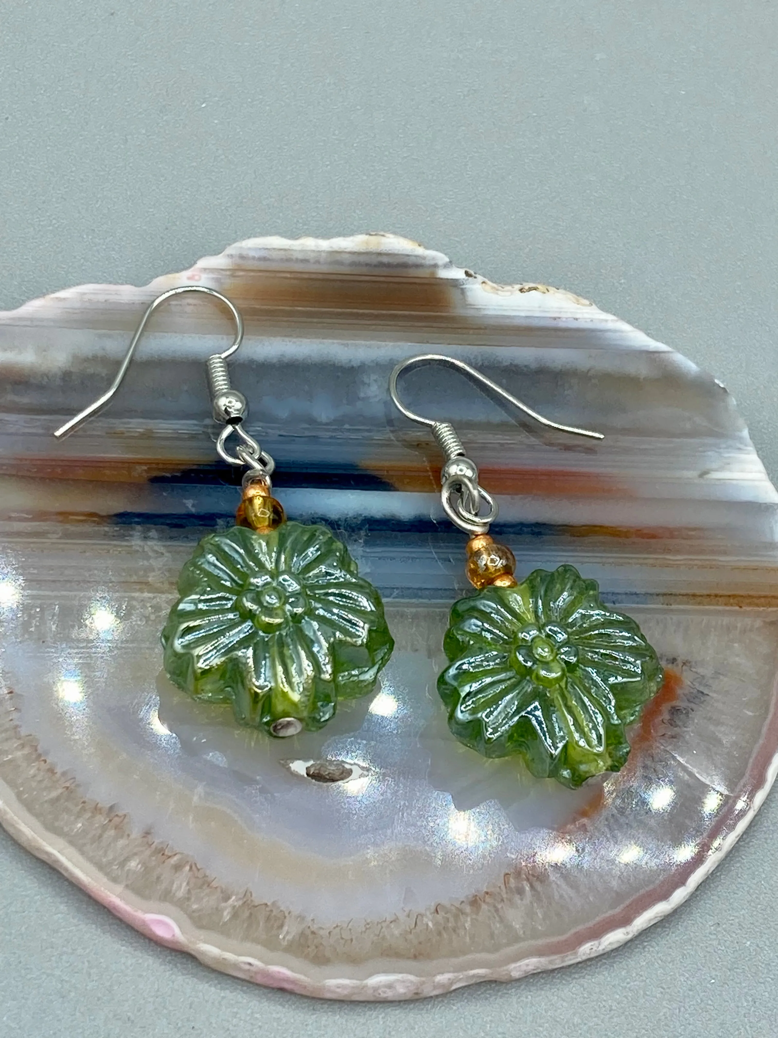Light Green Floral Pressed Glass Beaded Earrings, Hippie Vibe, Shabby Chic, Boho Chic, Nature Inspired, Bohemian