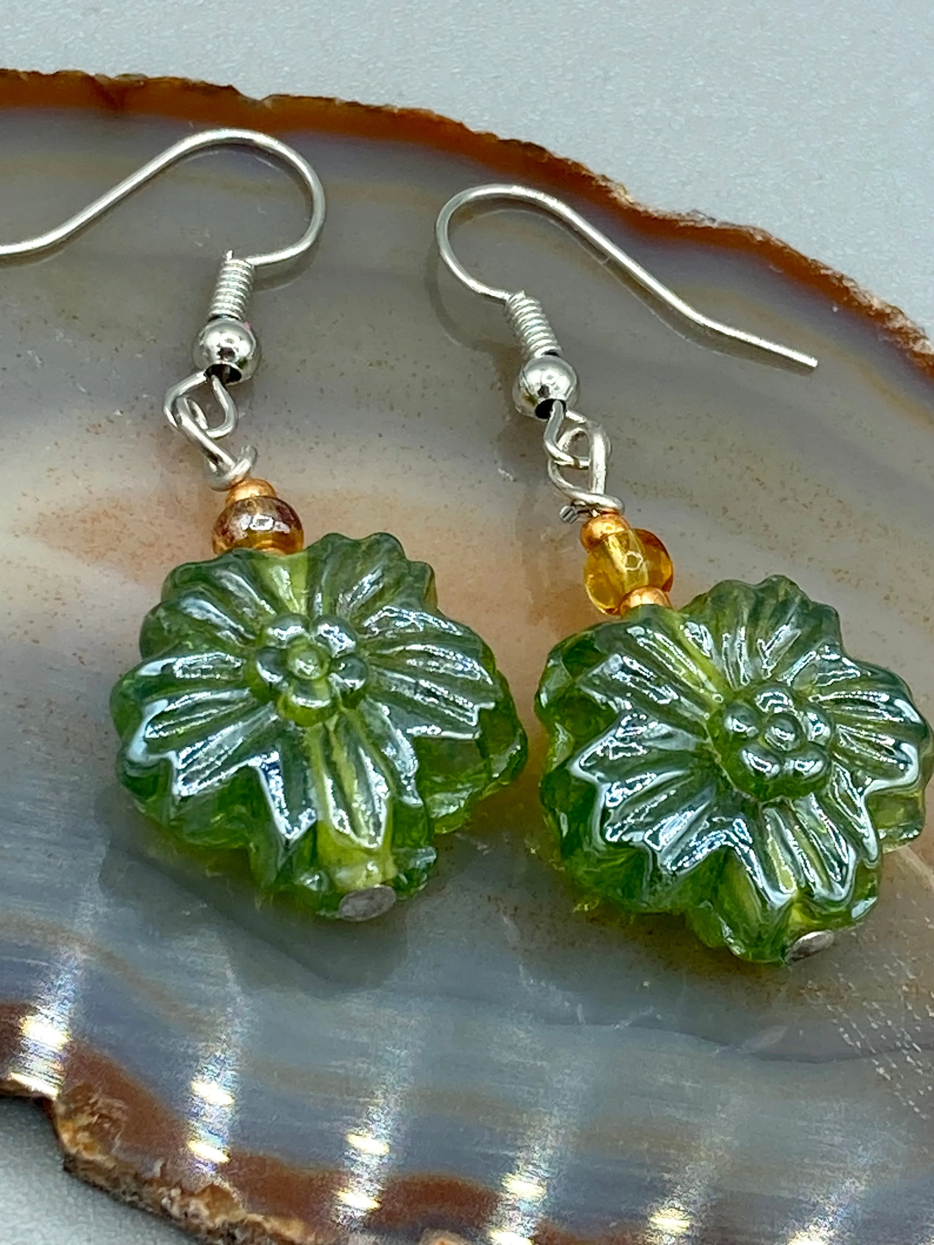 Light Green Floral Pressed Glass Beaded Earrings, Hippie Vibe, Shabby Chic, Boho Chic, Nature Inspired, Bohemian