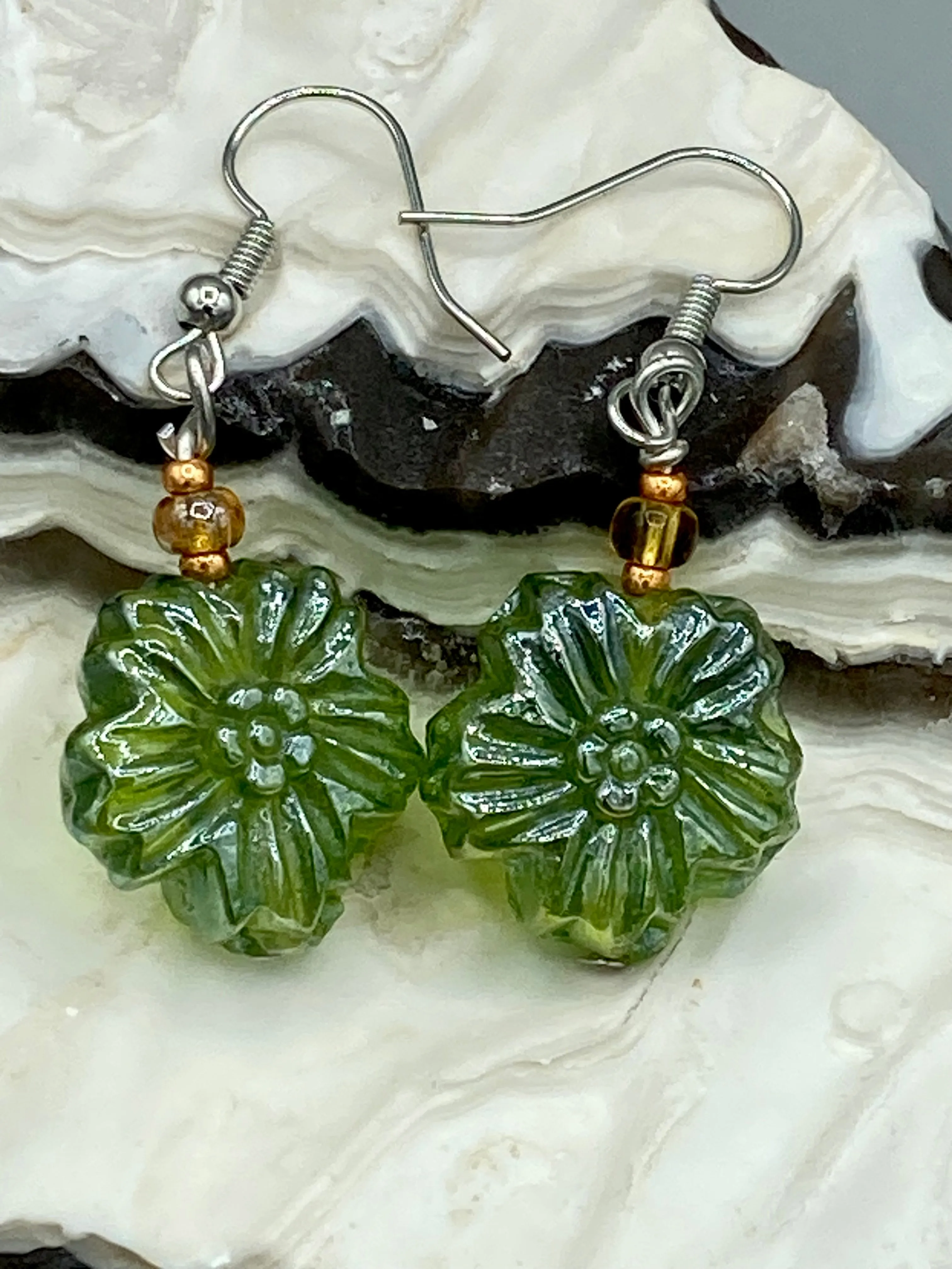 Light Green Floral Pressed Glass Beaded Earrings, Hippie Vibe, Shabby Chic, Boho Chic, Nature Inspired, Bohemian