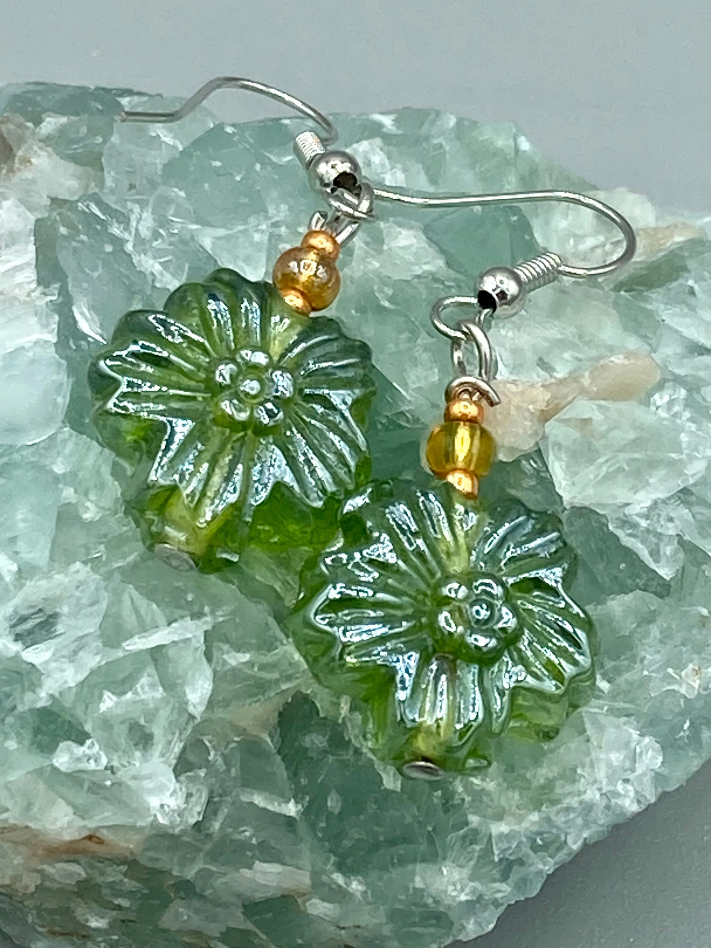 Light Green Floral Pressed Glass Beaded Earrings, Hippie Vibe, Shabby Chic, Boho Chic, Nature Inspired, Bohemian