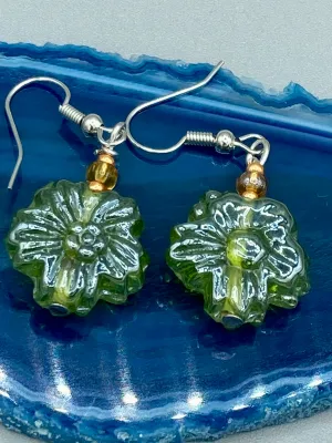 Light Green Floral Pressed Glass Beaded Earrings, Hippie Vibe, Shabby Chic, Boho Chic, Nature Inspired, Bohemian