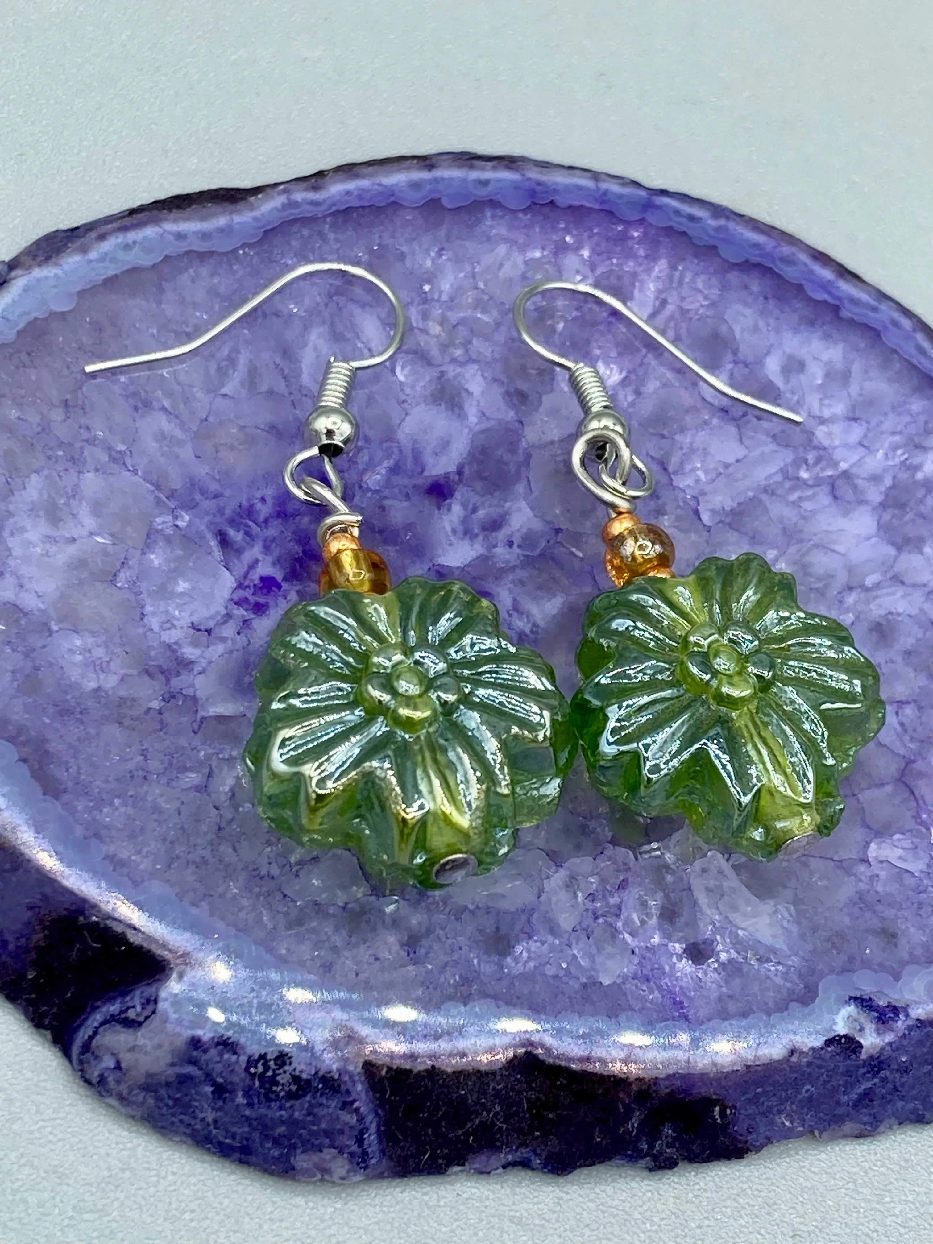 Light Green Floral Pressed Glass Beaded Earrings, Hippie Vibe, Shabby Chic, Boho Chic, Nature Inspired, Bohemian