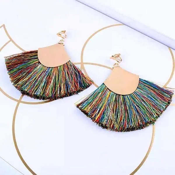 Lively Colorful Boho Chic Wide Fan Tassel Clip On Earrings