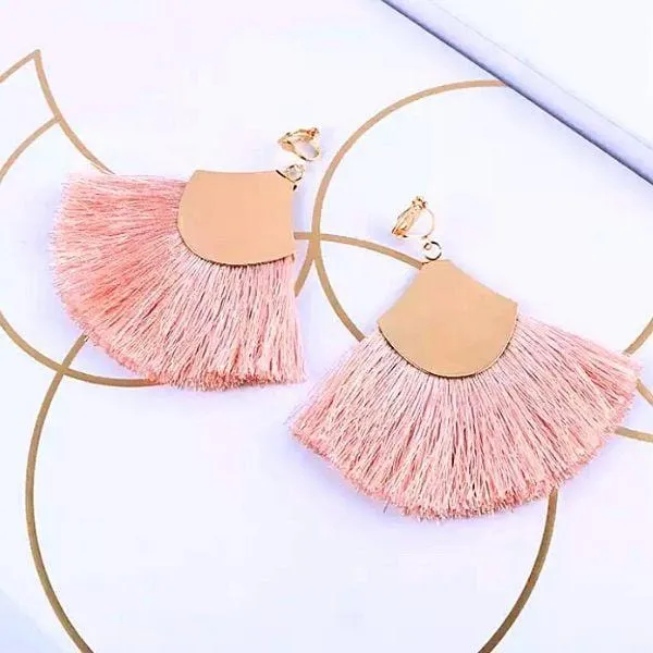 Lively Colorful Boho Chic Wide Fan Tassel Clip On Earrings