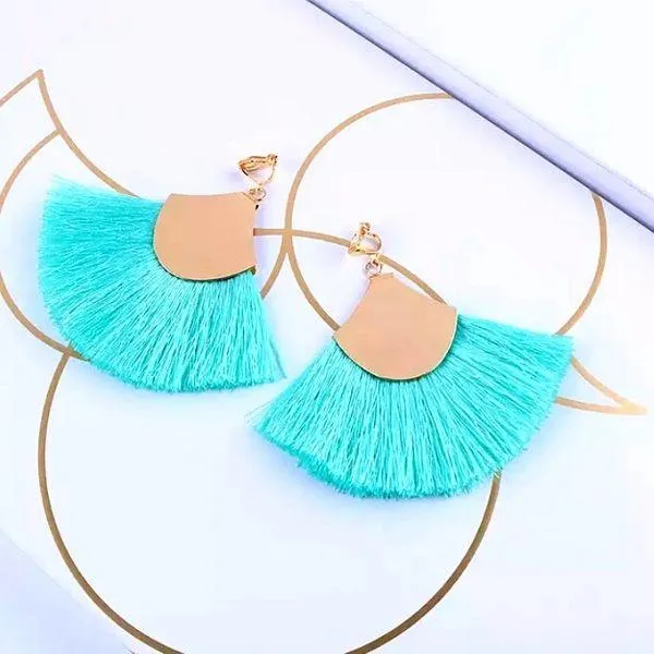 Lively Colorful Boho Chic Wide Fan Tassel Clip On Earrings