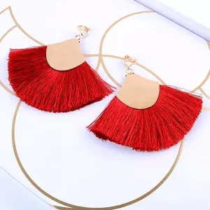 Lively Colorful Boho Chic Wide Fan Tassel Clip On Earrings