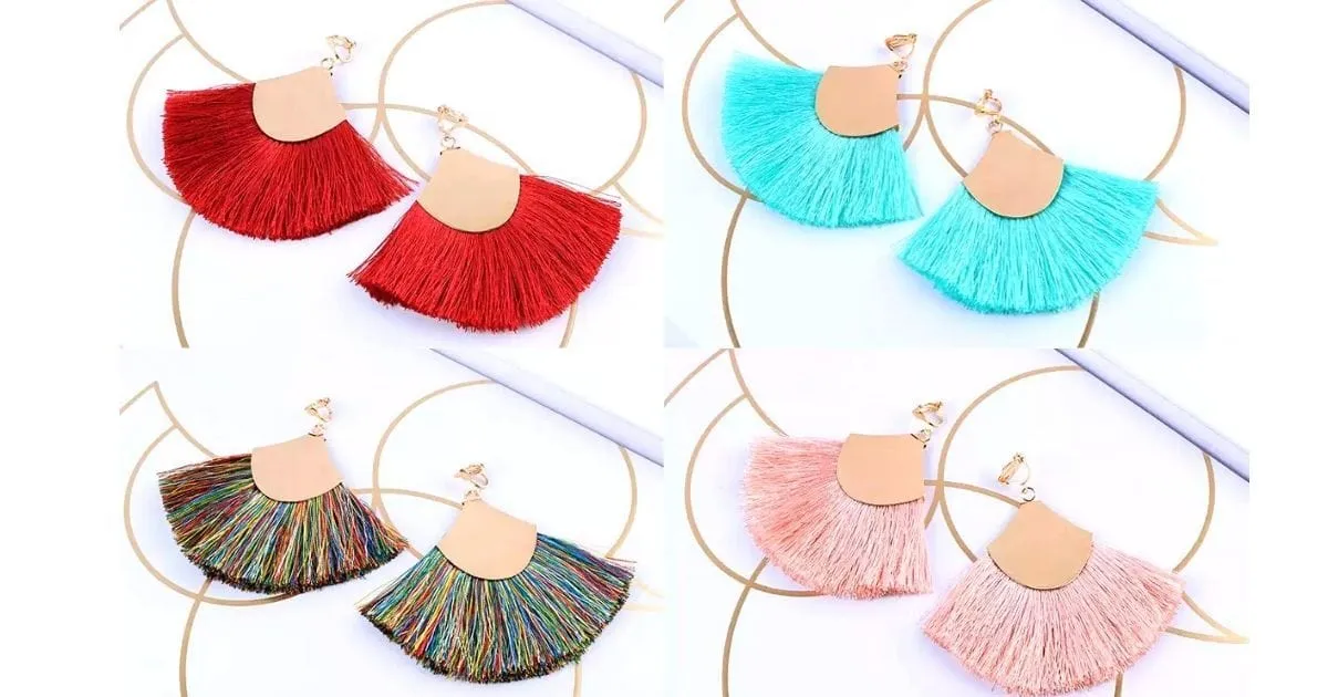 Lively Colorful Boho Chic Wide Fan Tassel Clip On Earrings