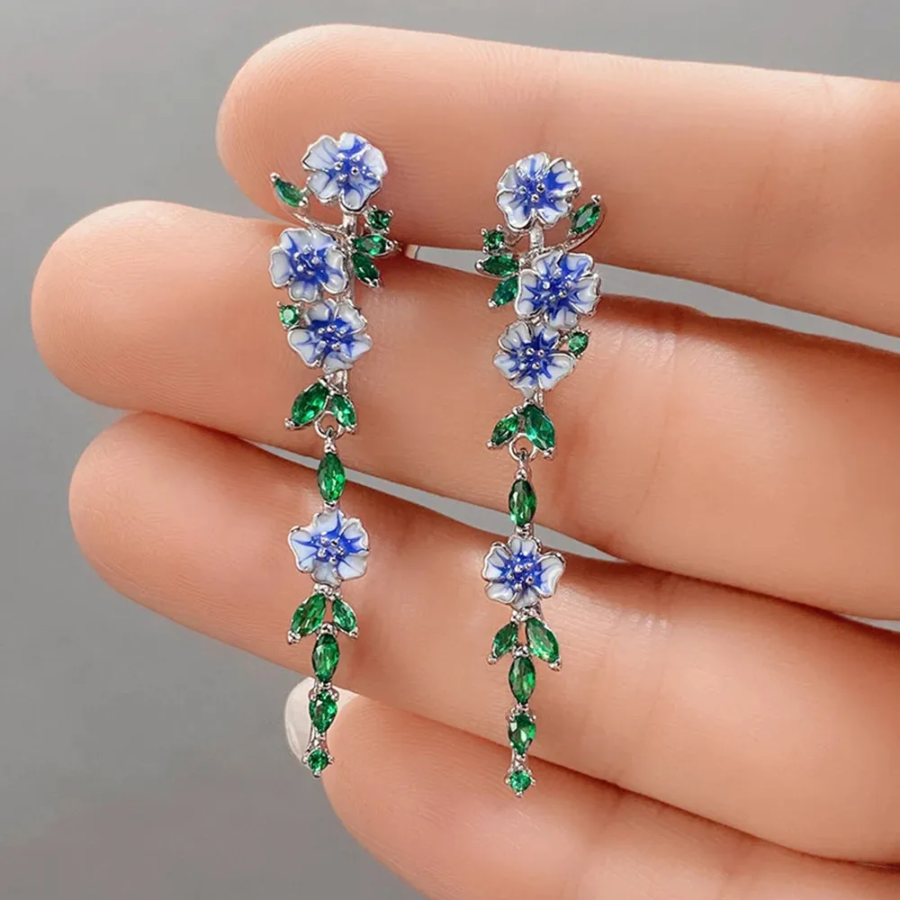 Loookus - Vintage Blue Flower Dangle Earrings