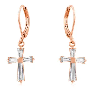 LOVCIA Elegant 18k Rose Gold Plated Baguette CZ Cross Drop Earrings