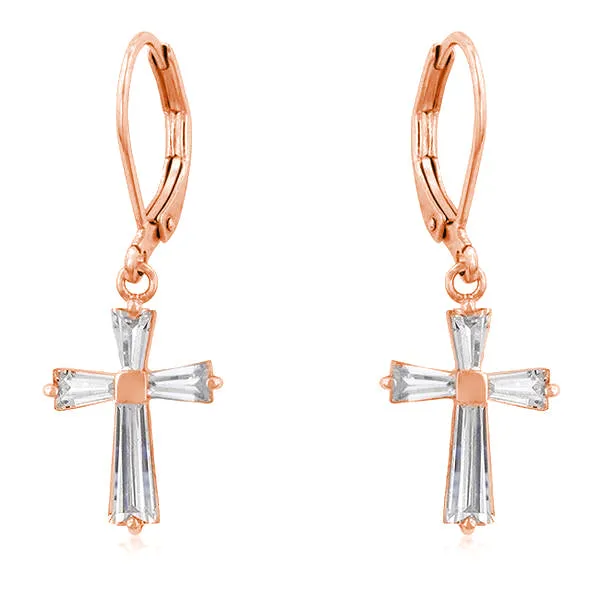 LOVCIA Elegant 18k Rose Gold Plated Baguette CZ Cross Drop Earrings