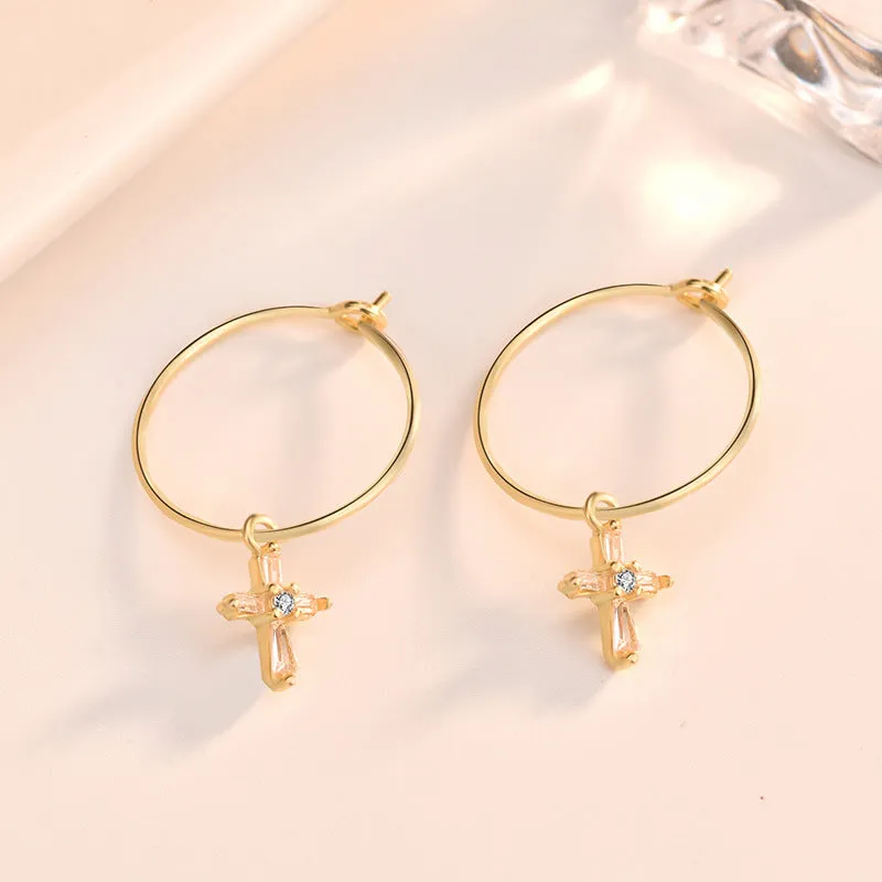 LOVCIA Elegant 925 Sterling Silver Cross Circle Hoop Earrings for Women with AAA Cubic Zirconia