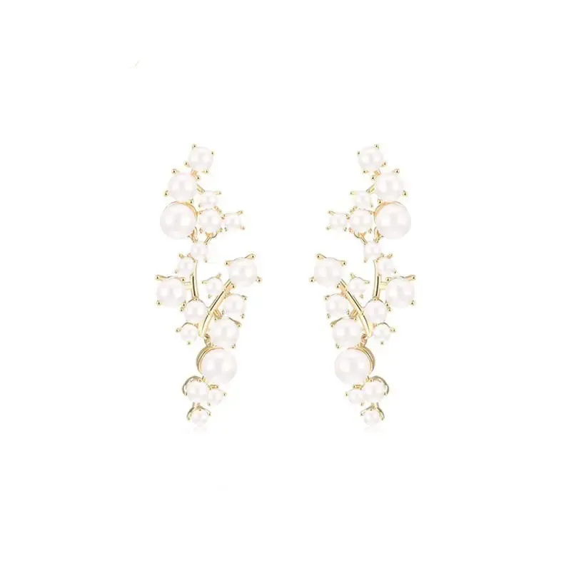LOVCIA Elegant Cascading Pearl Cuff Climber Earrings for Women With Silver Needle