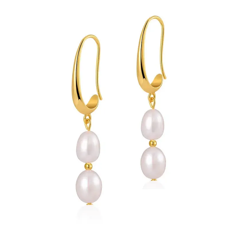 LOVCIA Elegant Geometric Retro 18K Copper Stud Earrings with Pearls for Women