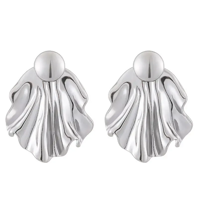 LOVCIA Elegant Pleated Gold and Silver Stainless Steel Stud Earrings for Women