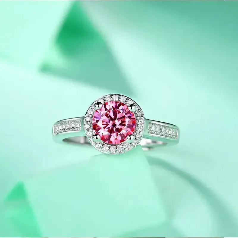 LOVCIA Women Pink Round Moissanite CZ 925 Sterling Silver Adjustable Ring
