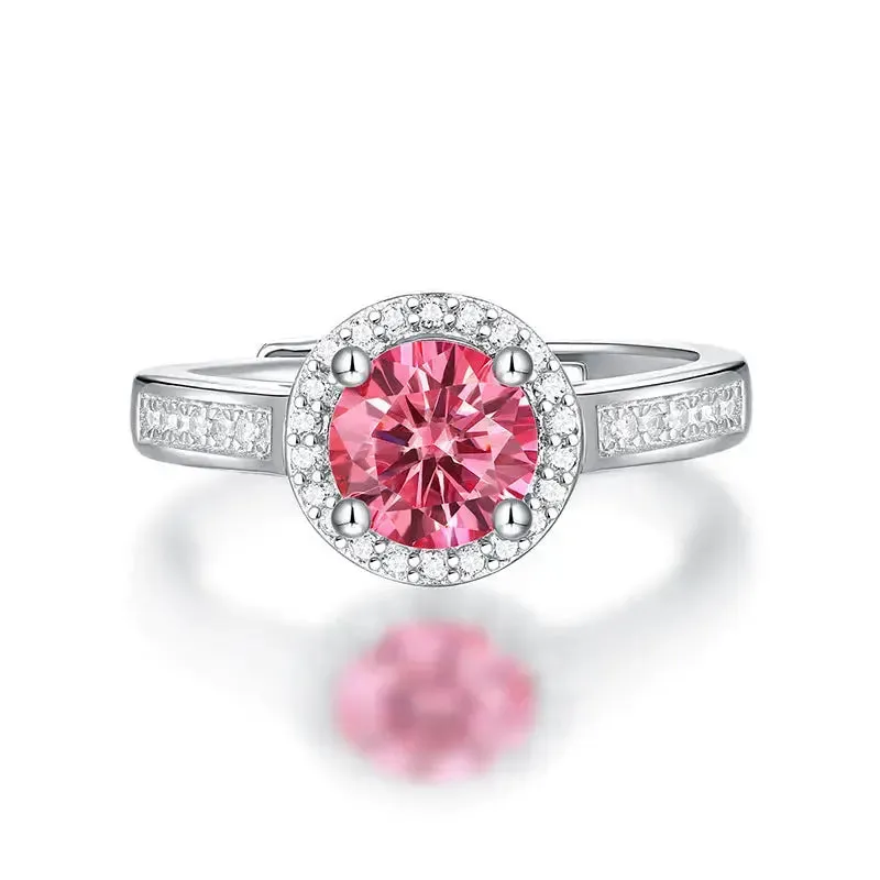 LOVCIA Women Pink Round Moissanite CZ 925 Sterling Silver Adjustable Ring