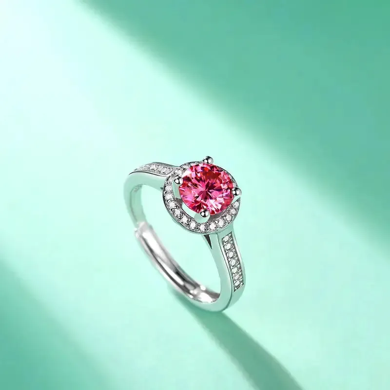 LOVCIA Women Pink Round Moissanite CZ 925 Sterling Silver Adjustable Ring