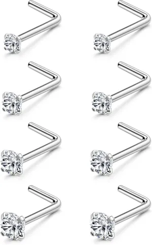 LOYALLOOK 8PCS Titanium Nose Rings, 20G/18G Corkscrew & L Shape Studs, Diamond CZ, Silver & Gold, Hypoallergenic, 1.5mm-3mm