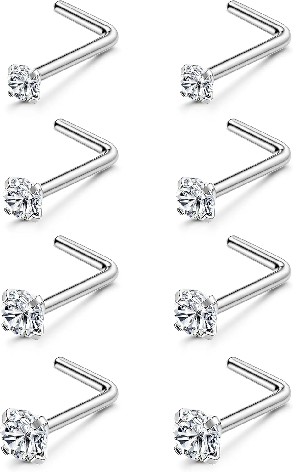 LOYALLOOK 8PCS Titanium Nose Rings, 20G/18G Corkscrew & L Shape Studs, Diamond CZ, Silver & Gold, Hypoallergenic, 1.5mm-3mm