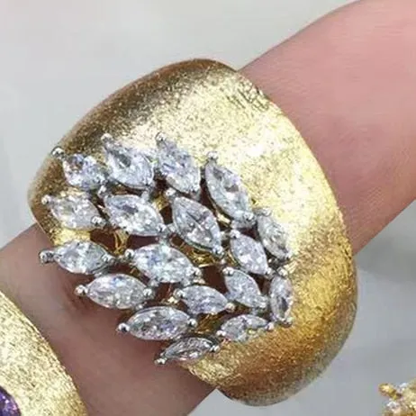 Luxury Feather Gold Bold Rings with Zirconia Stones Rings