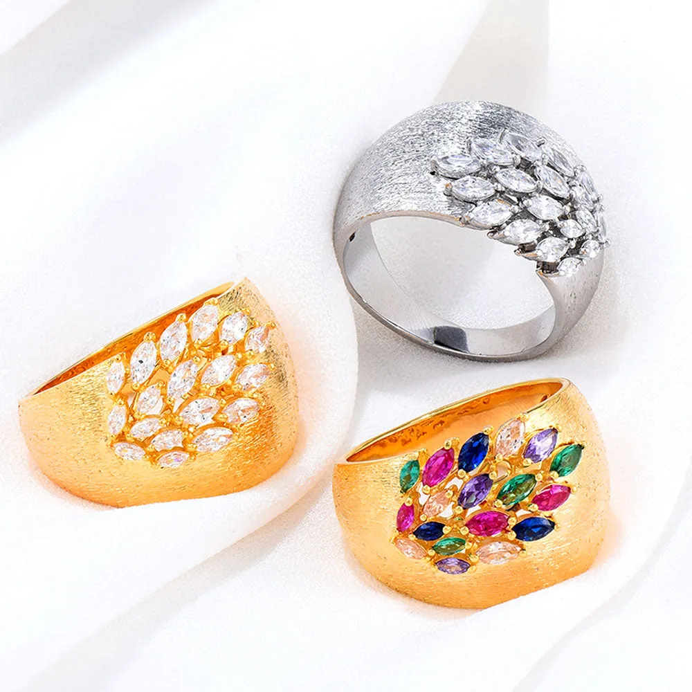 Luxury Feather Gold Bold Rings with Zirconia Stones Rings