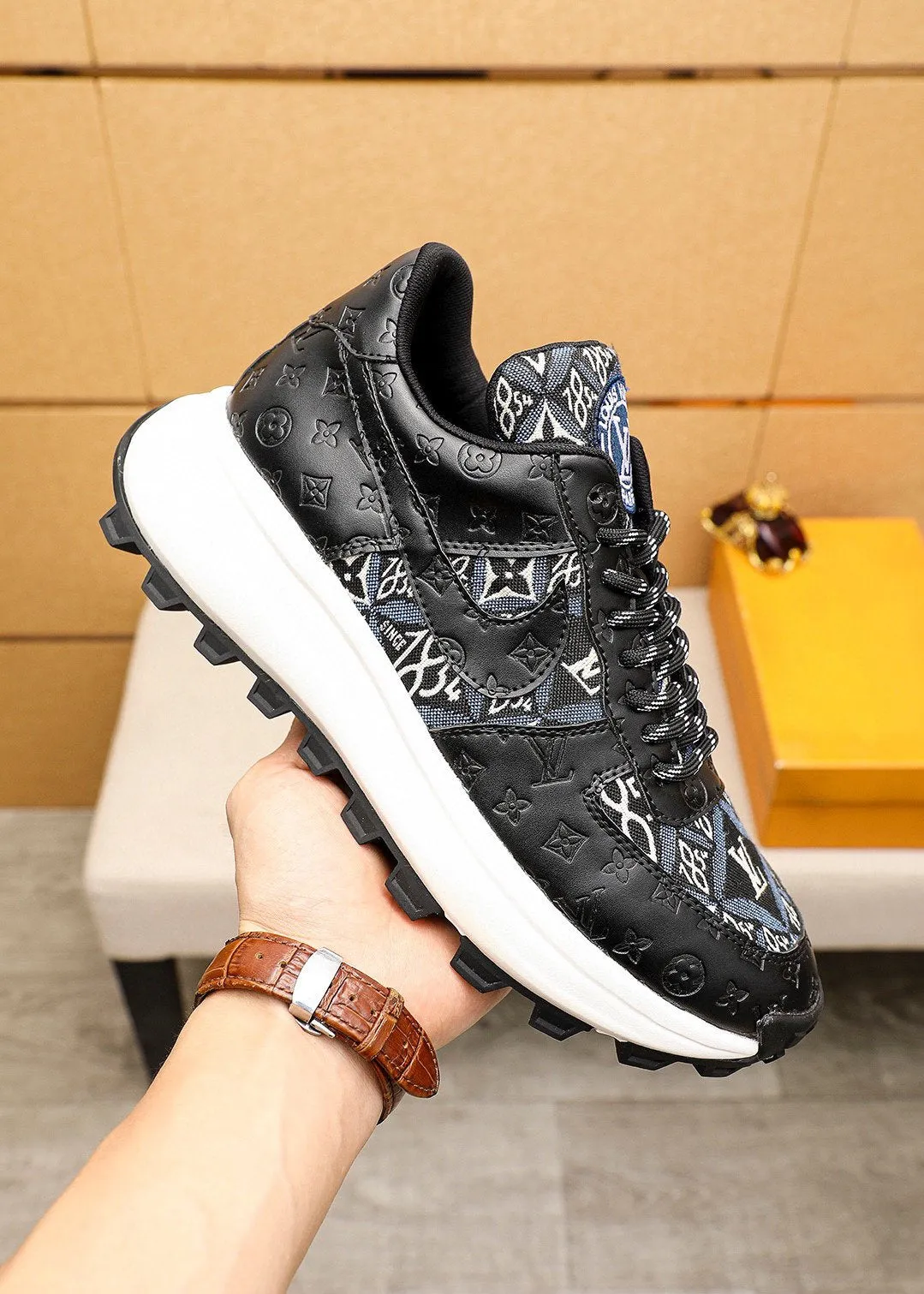 LV HIGH-END CLASSIC BLACK AND WHITE SUEDE MEN'S SHOES