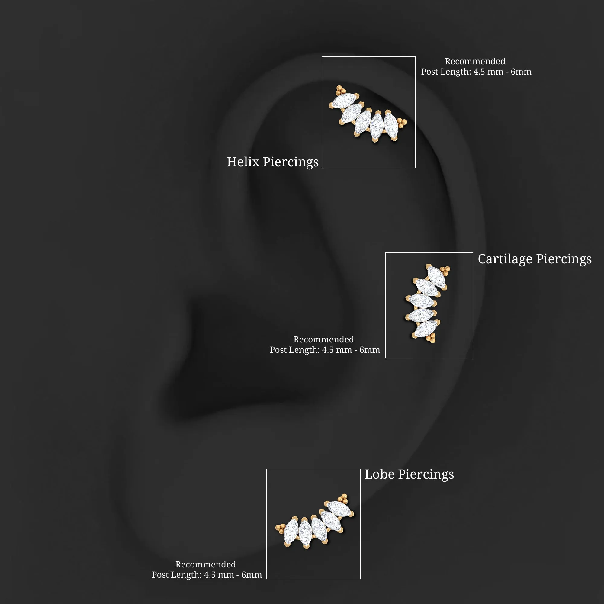 Marquise Moissanite Climber Earring for Cartilage Piercing