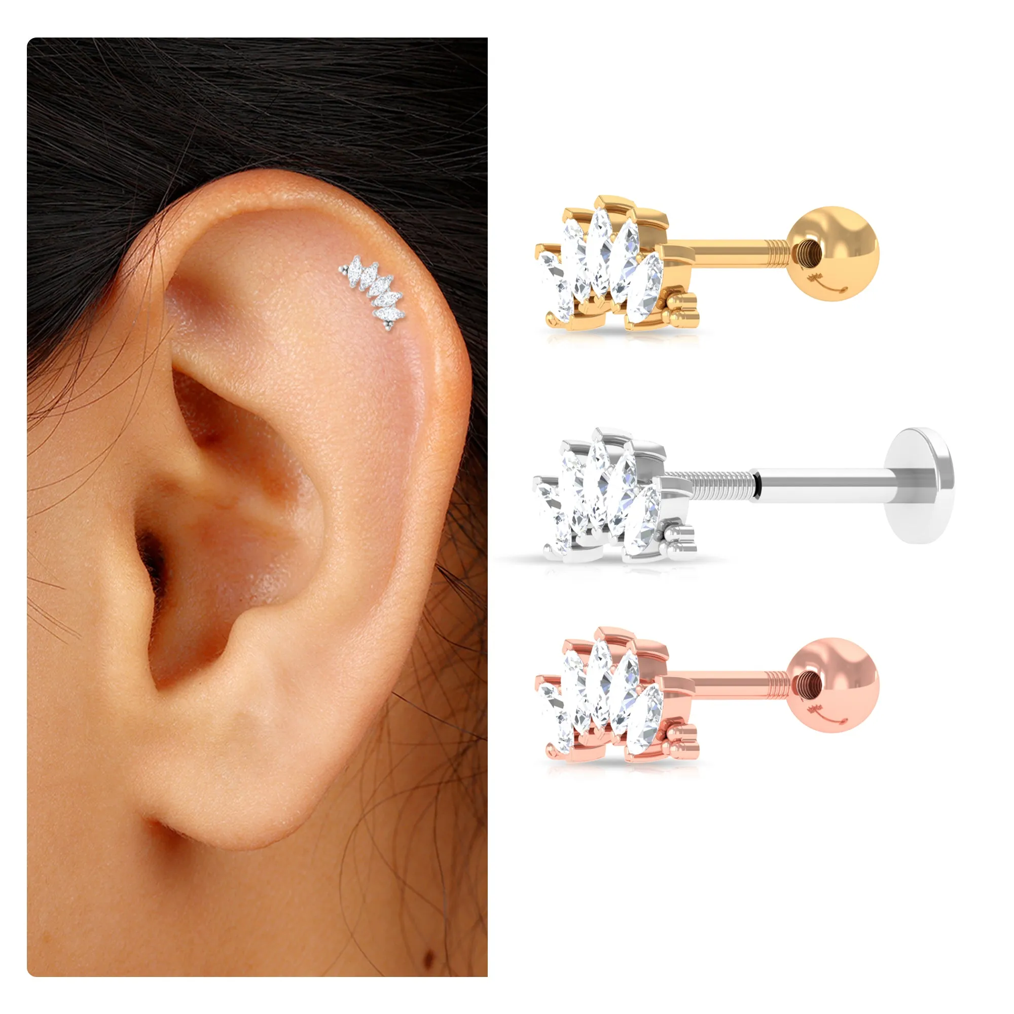 Marquise Moissanite Climber Earring for Cartilage Piercing