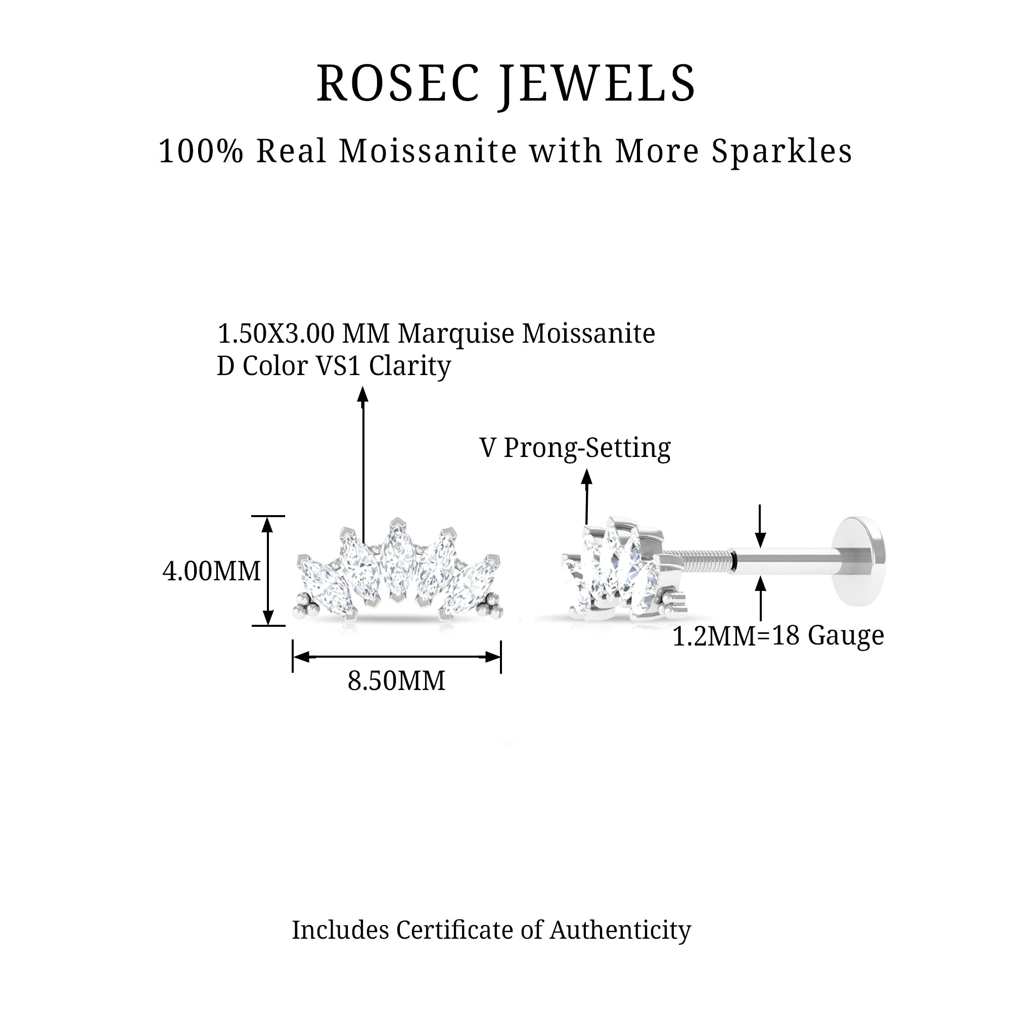Marquise Moissanite Climber Earring for Cartilage Piercing