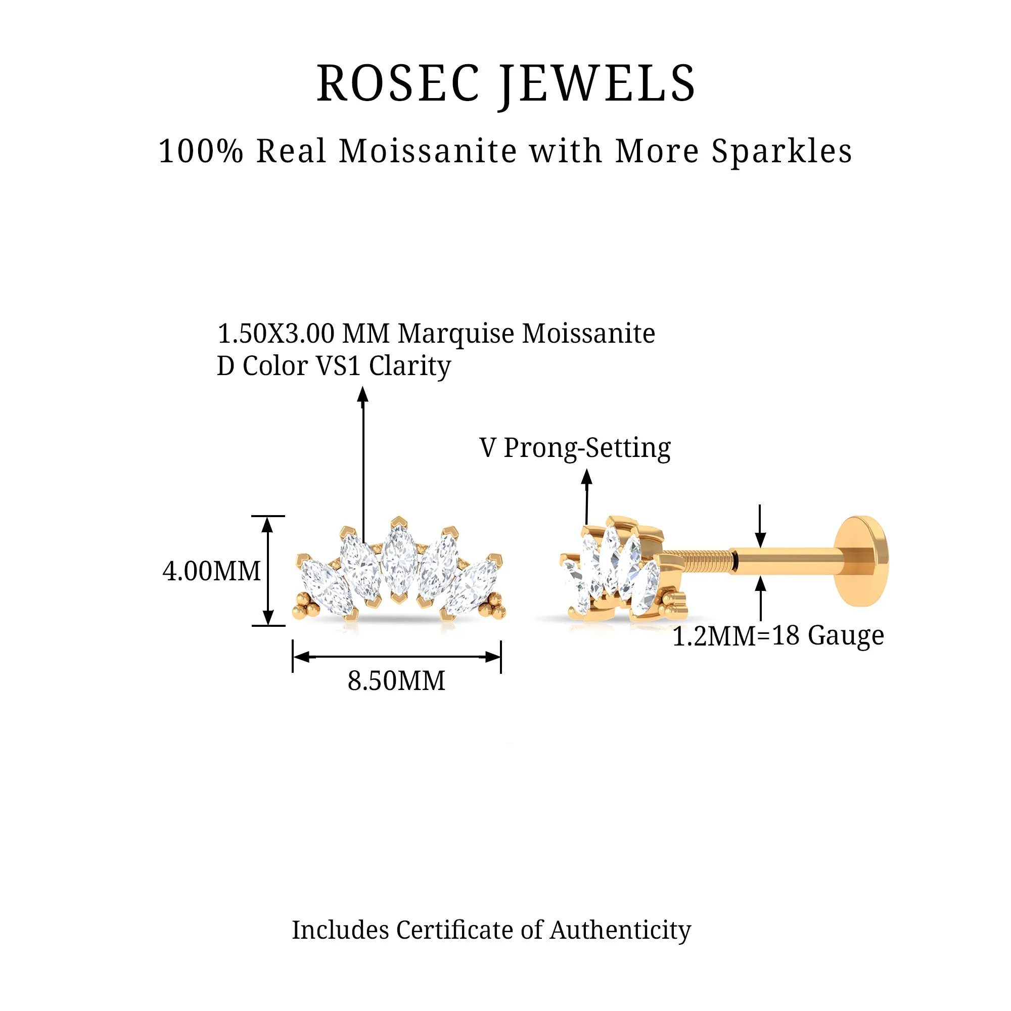 Marquise Moissanite Climber Earring for Cartilage Piercing