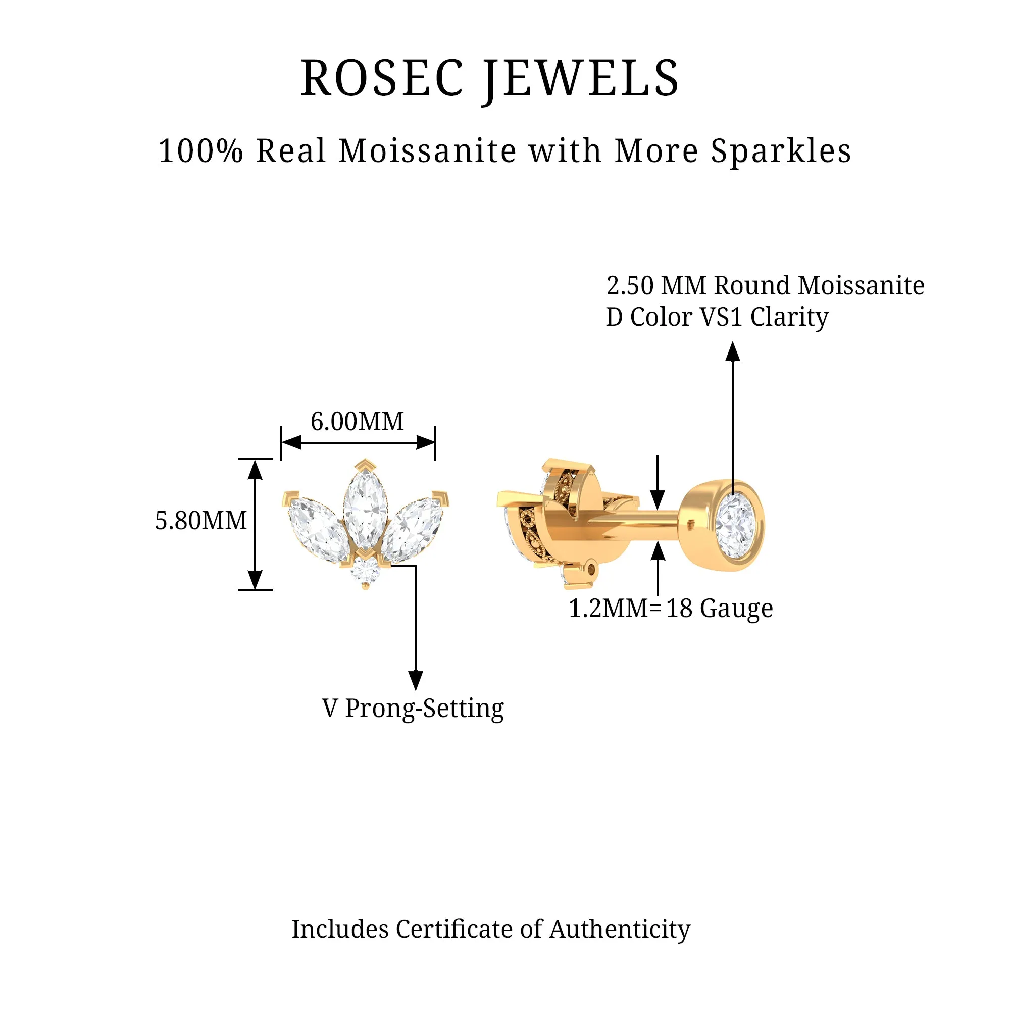 Marquise Moissanite Lotus Flower Earring for Helix Piercing