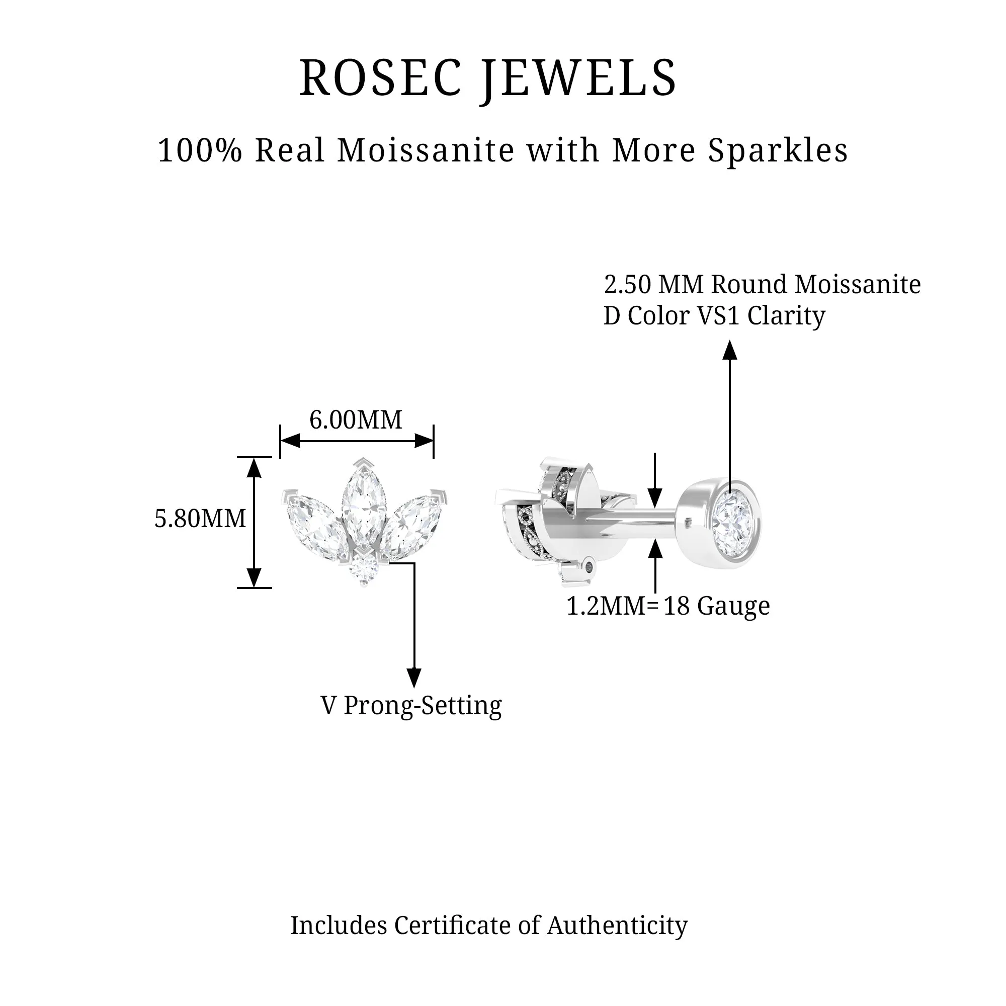 Marquise Moissanite Lotus Flower Earring for Helix Piercing