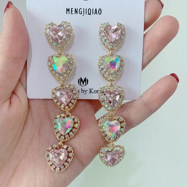 MENGJIQIAO New Korean Shiny Heart Crystal Drop Earrings For Women Fashion Shell Rhinestone Boucle D'oreille Party Jeweley Gift