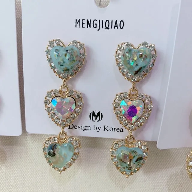 MENGJIQIAO New Korean Shiny Heart Crystal Drop Earrings For Women Fashion Shell Rhinestone Boucle D'oreille Party Jeweley Gift