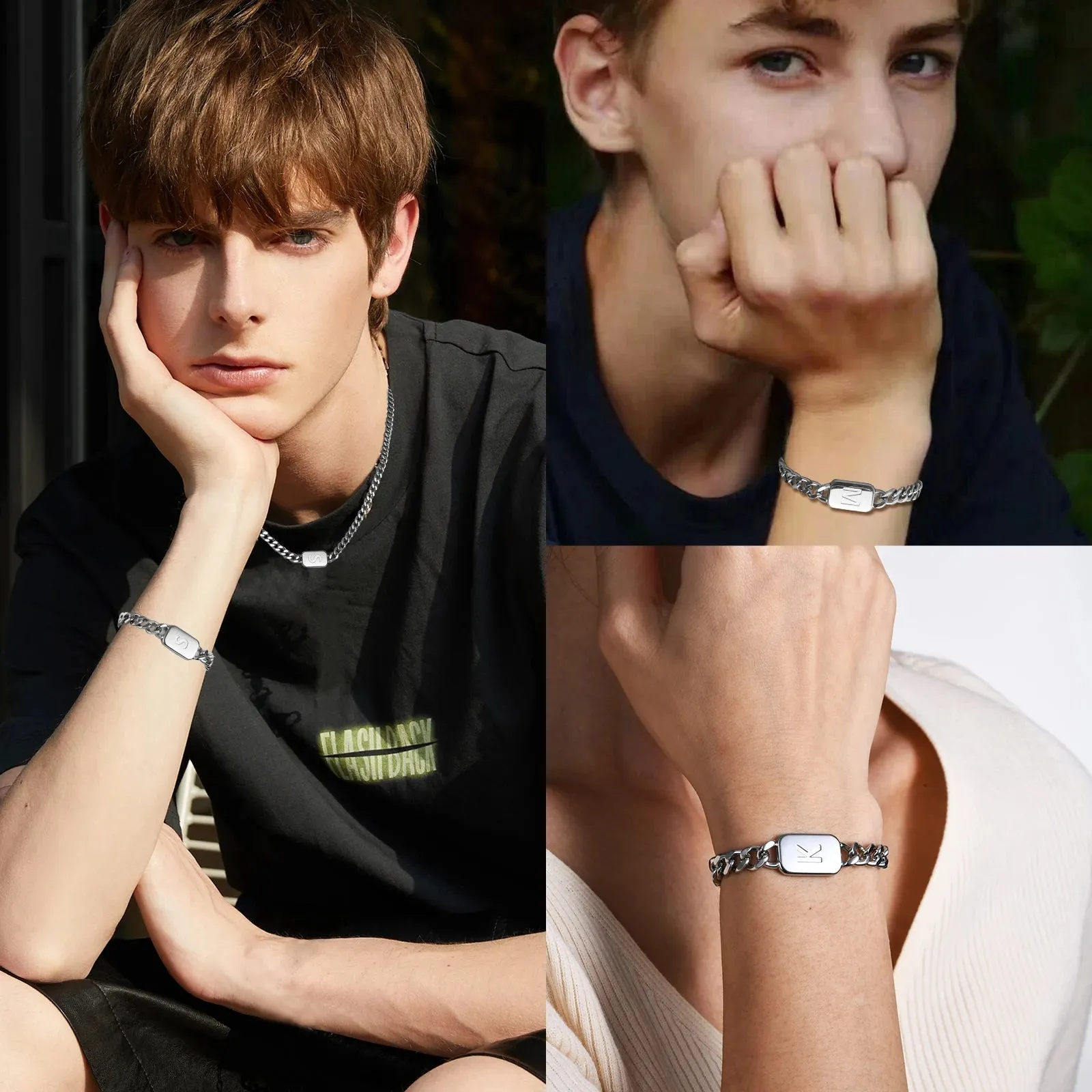 Men's Initials Cuban Chain Bracelets,  Stainless Steel Letter A-Z Wristband