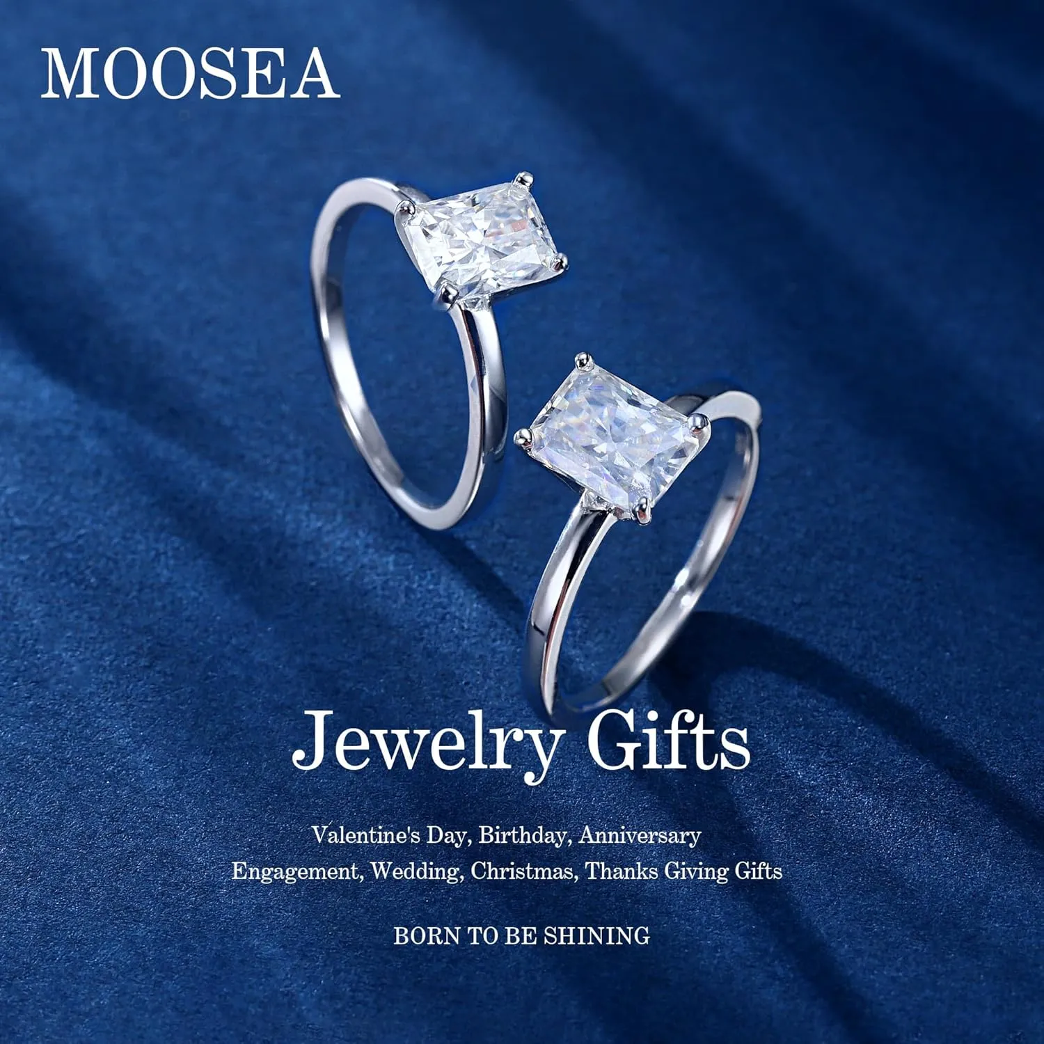 MOOSEA 2CT Radiant Cut Moissanite Rings for Women, D Color VVS1 Clarity Lab Created Moissanite Ring 18K White Gold Plated Moissanite Engagement Rings for Women Classic Solitaire Moissanite Rings