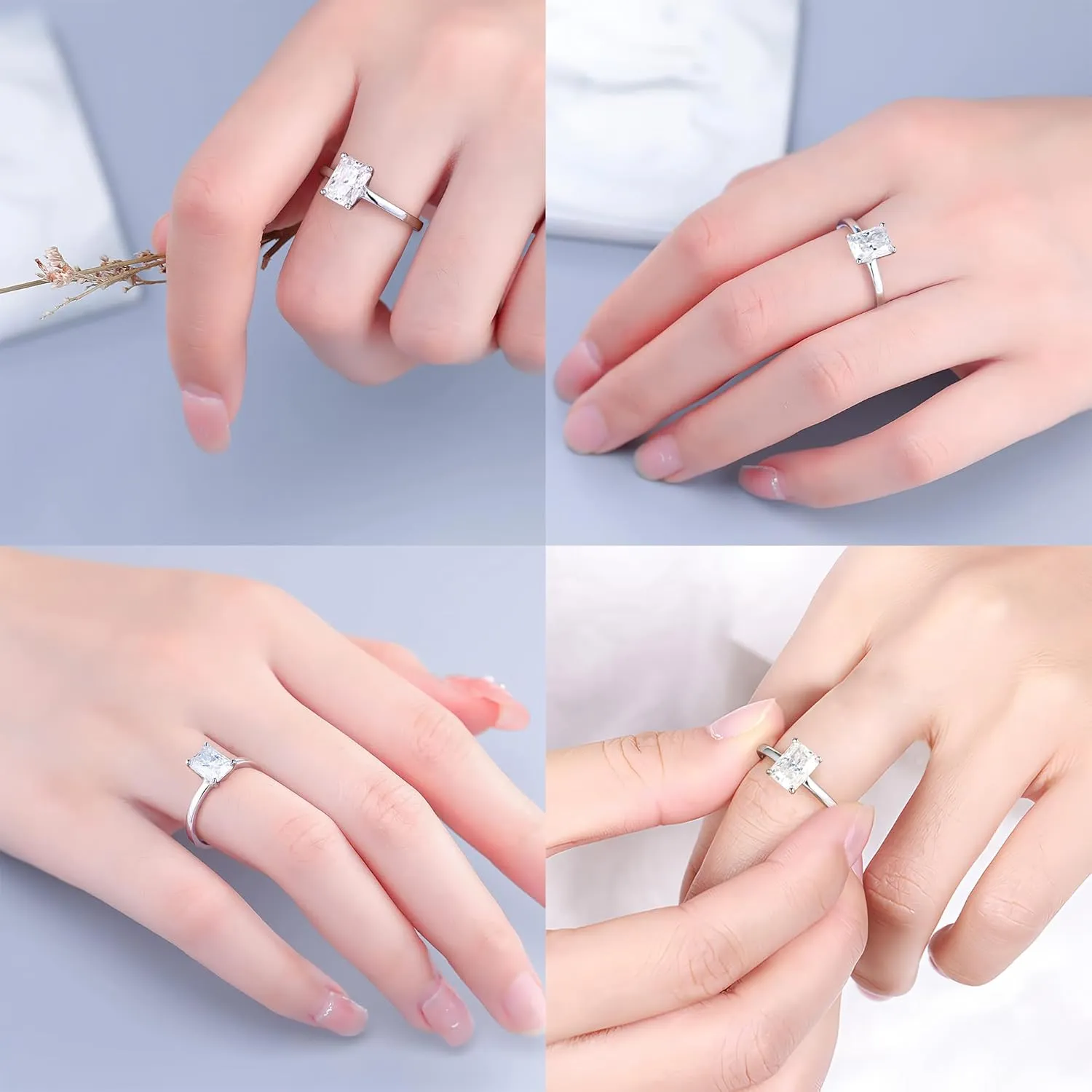 MOOSEA 2CT Radiant Cut Moissanite Rings for Women, D Color VVS1 Clarity Lab Created Moissanite Ring 18K White Gold Plated Moissanite Engagement Rings for Women Classic Solitaire Moissanite Rings