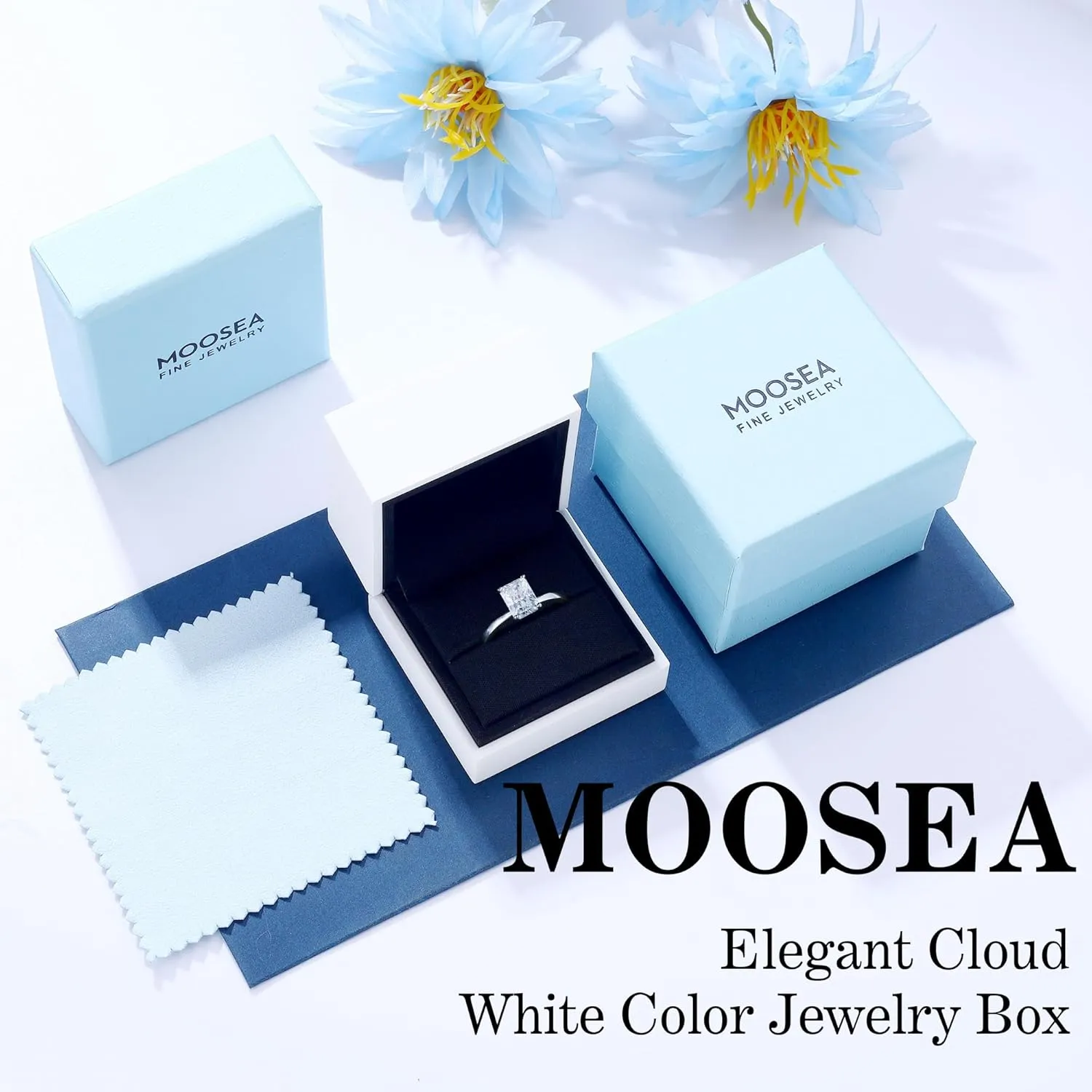 MOOSEA 2CT Radiant Cut Moissanite Rings for Women, D Color VVS1 Clarity Lab Created Moissanite Ring 18K White Gold Plated Moissanite Engagement Rings for Women Classic Solitaire Moissanite Rings