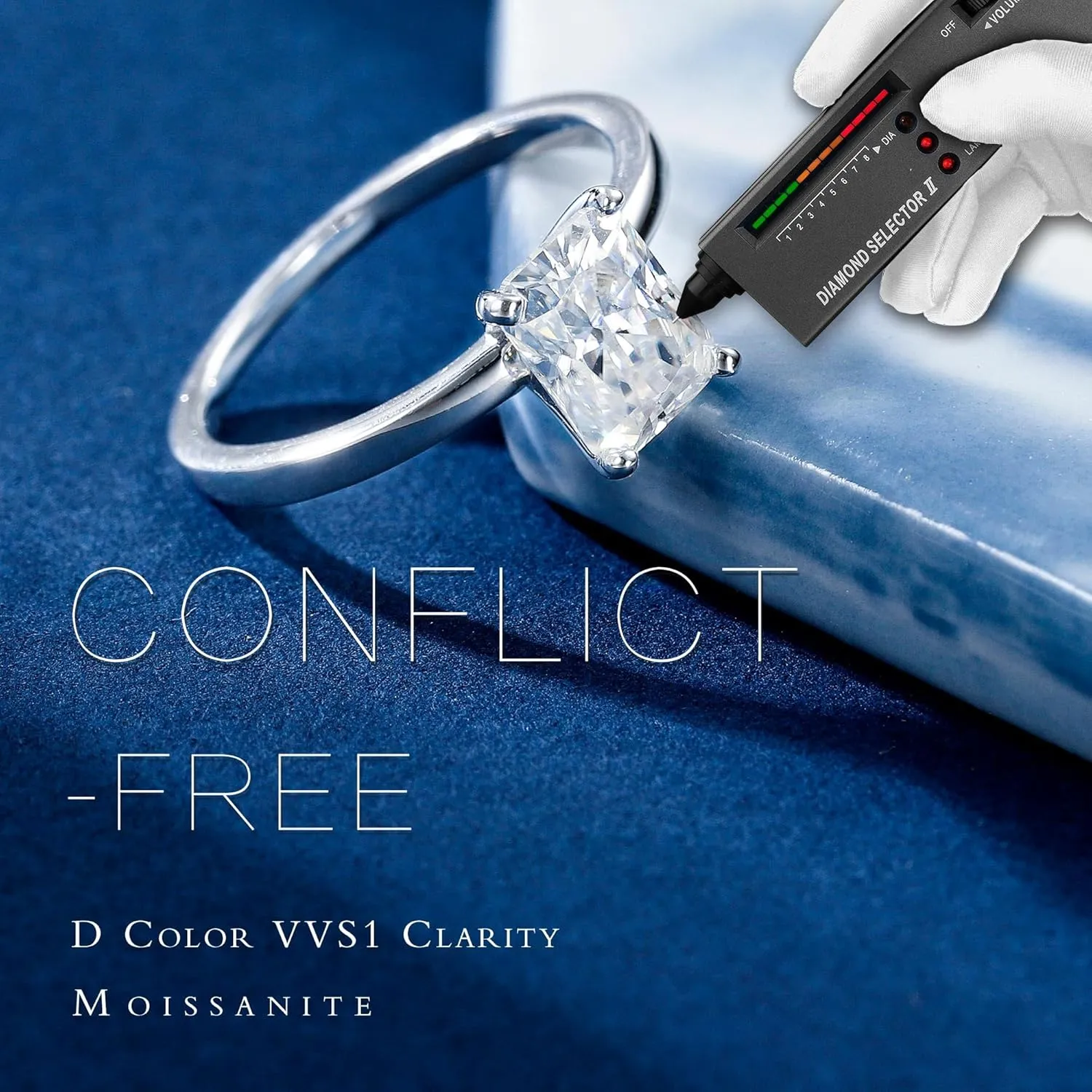 MOOSEA 2CT Radiant Cut Moissanite Rings for Women, D Color VVS1 Clarity Lab Created Moissanite Ring 18K White Gold Plated Moissanite Engagement Rings for Women Classic Solitaire Moissanite Rings