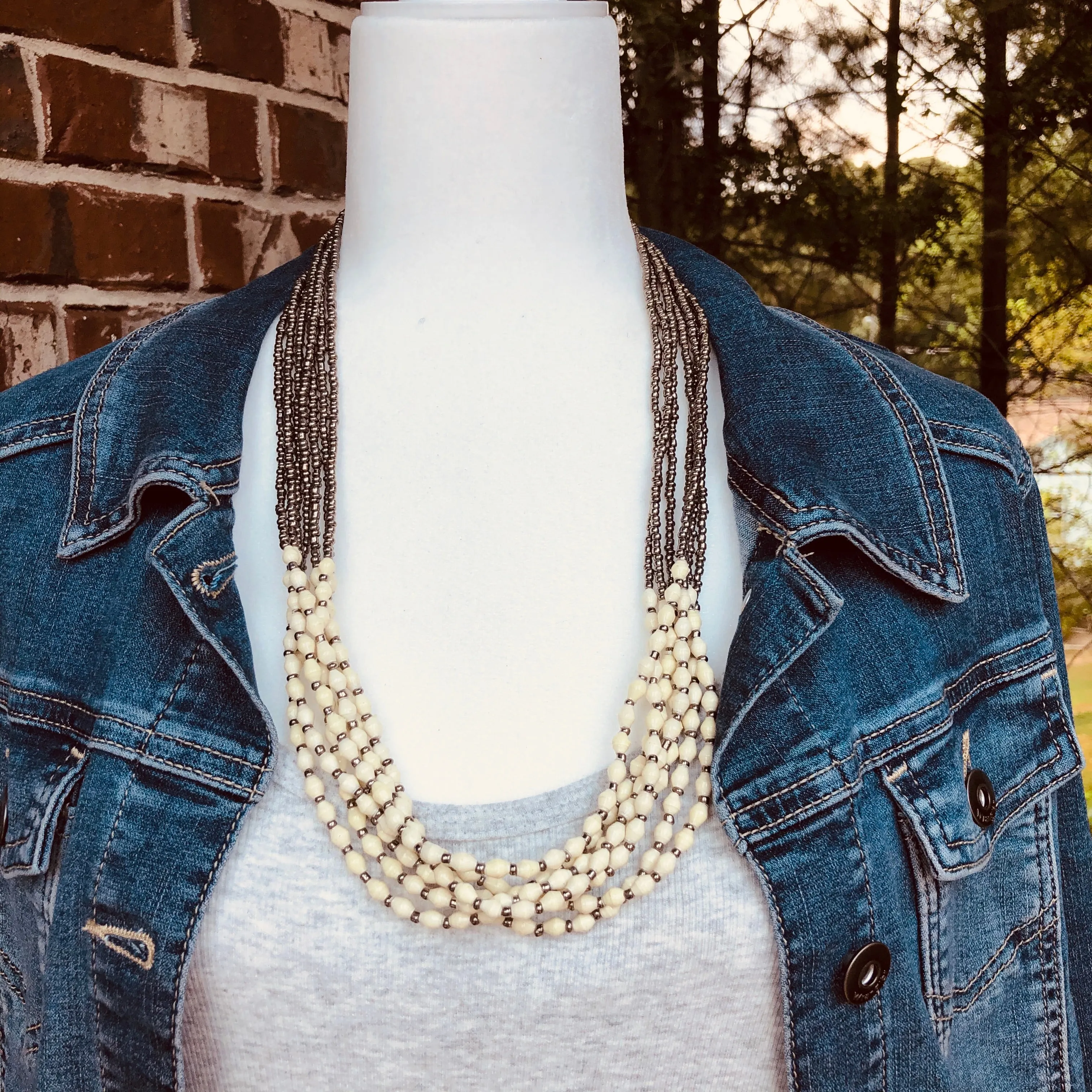 Musana Handmade Multi Strand Beaded Necklace (Cream with Silver Seed Beads, 7 Strands)