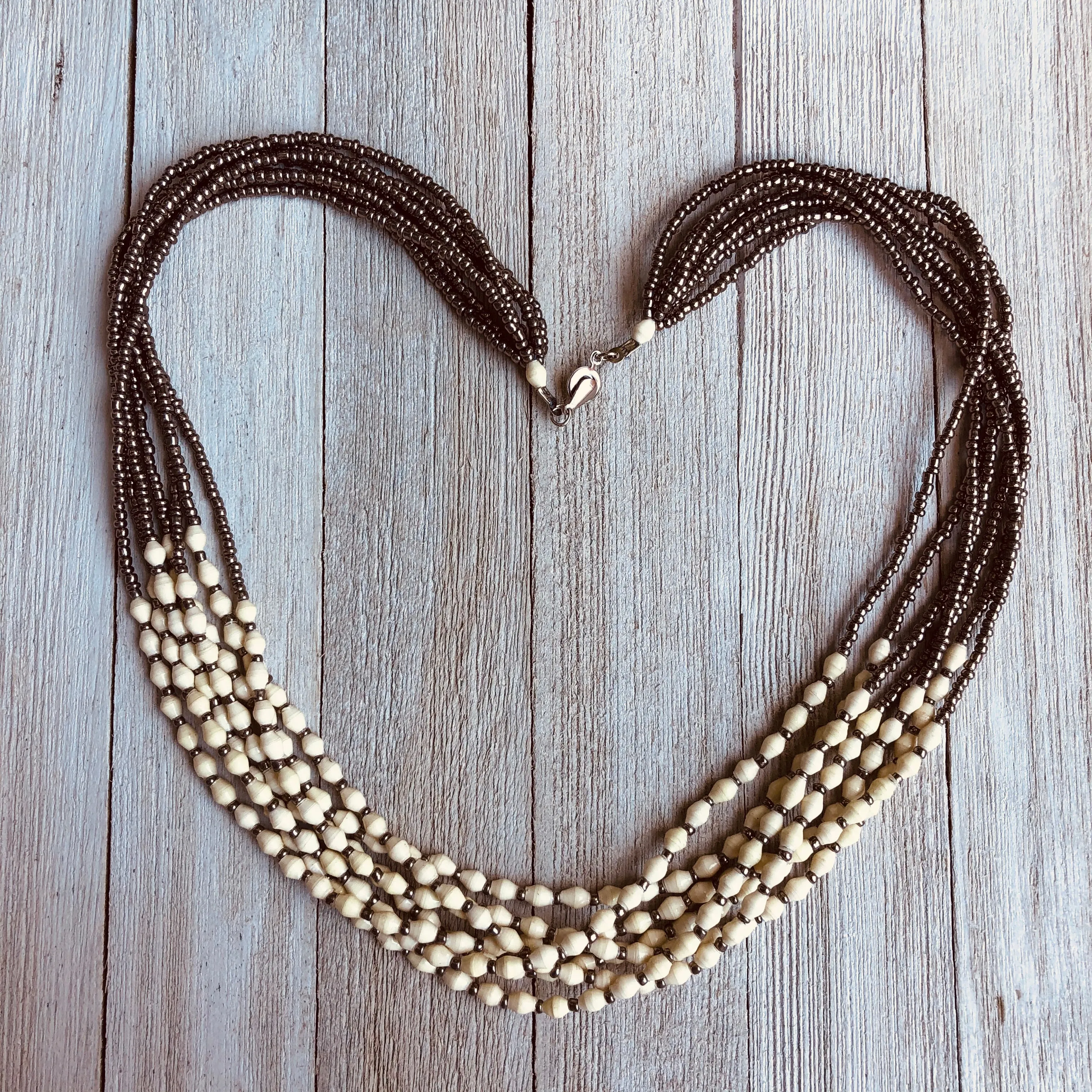Musana Handmade Multi Strand Beaded Necklace (Cream with Silver Seed Beads, 7 Strands)