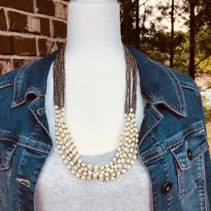 Musana Handmade Multi Strand Beaded Necklace (Cream with Silver Seed Beads, 7 Strands)