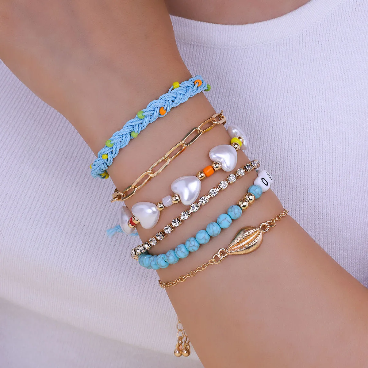 Natural Bohemian Ethnic Style Colorful Multi-Layer Bracelet, Shell, Starfish, and Pearl Couple Bracelet for Students, European and American Fashion