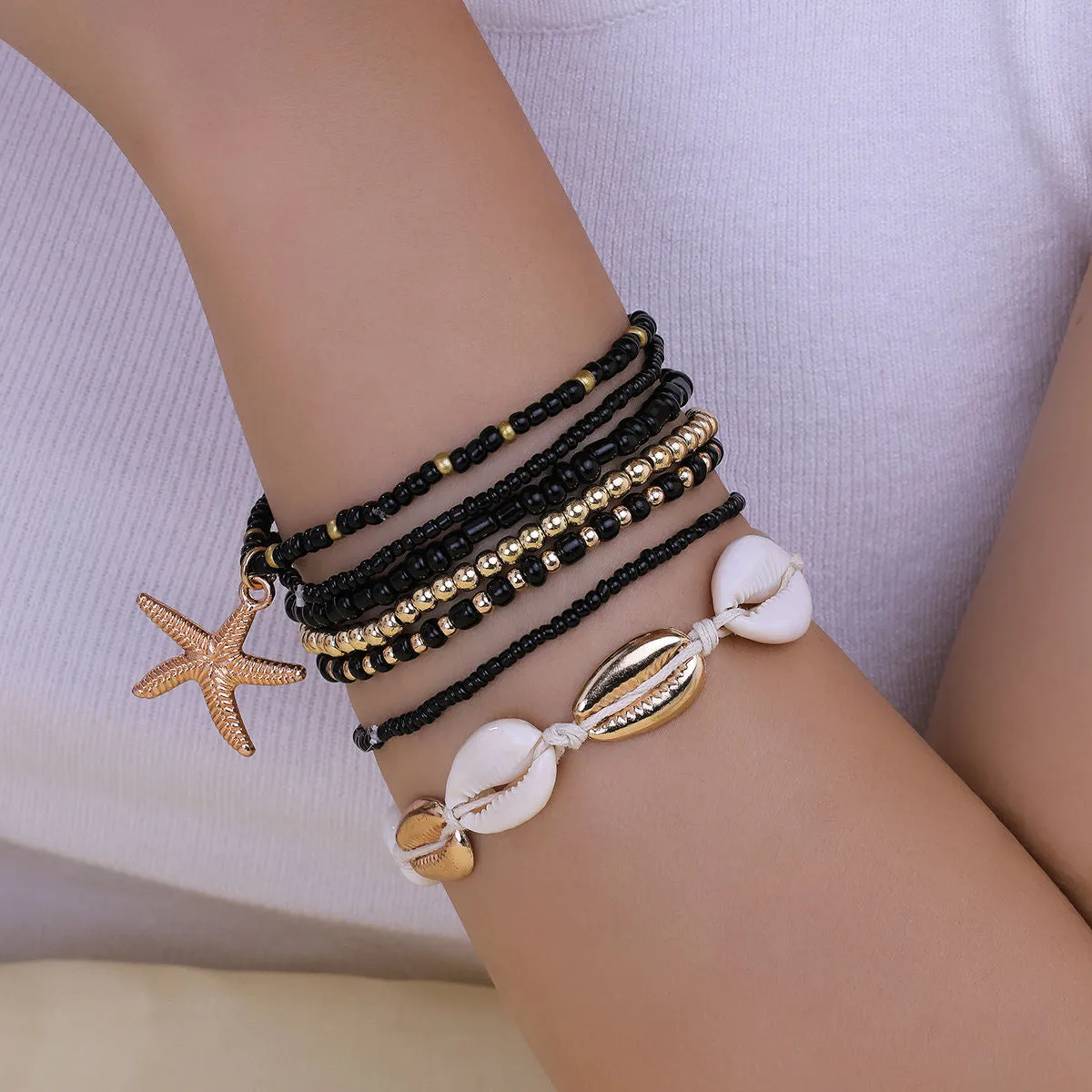 Natural Bohemian Ethnic Style Colorful Multi-Layer Bracelet, Shell, Starfish, and Pearl Couple Bracelet for Students, European and American Fashion